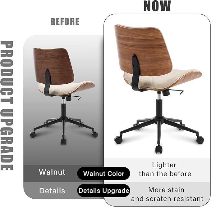 Home Office Chair No Arms with Wheels, Adjustable Height Small Desk Chair, PU Leather Mid Back 360 Swivel Computer Chair, Armless Modern Walnut Chair for Office, Reading Meeting Room(Beige)-DeskLoop Office