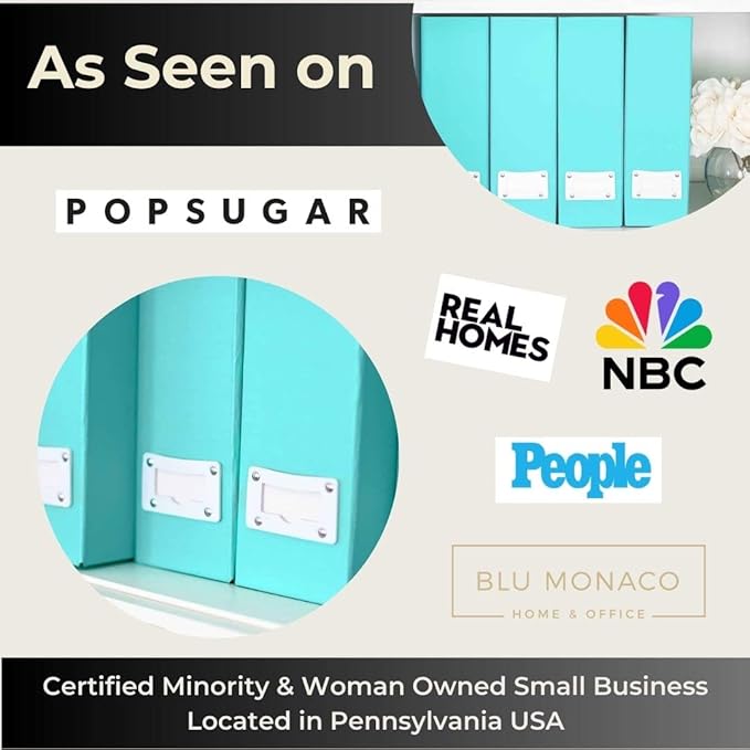 BLU MONACO Set of 6 Foldable Aqua Magazine File Holders with White Leather Label Holders – Cute Book Organizers for Desk, Classroom, Shelves, and Home Office-DeskLoop Office