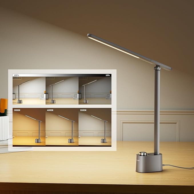 Honeywell Upgraded LED Desk Lamp - H01 Pro Sunturalux™ Foldable Desk Light with USB A+C Charging Port, 3 Color Modes Dimmable Table Lamp for Home Office Reading(Grey)-DeskLoop Office