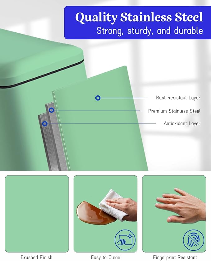 Rubbish Bin with Lid, 10 L, Stainless Steel Bathroom Waste Bin, Small Waste Bin, Pedal Bin, Stainless Steel for Bathroom, Bedroom and Office, Green-DeskLoop Office