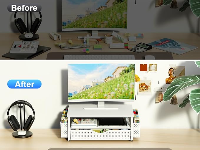 Desk Organizer and Accessories, Computer Monitor Stand Riser with Drawer and 2 Pen Holders, Office Desk Accessories & Workspace Organizers for Office Supplies (White)-DeskLoop Office