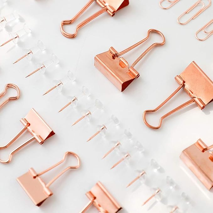 Paper Clips and Binder Clips Set, Metal Assorted Sized Binders with Push Pins, Cute Office Supplies for Desk, Desk Accessories (Square-Rose-Gold)-DeskLoop Office