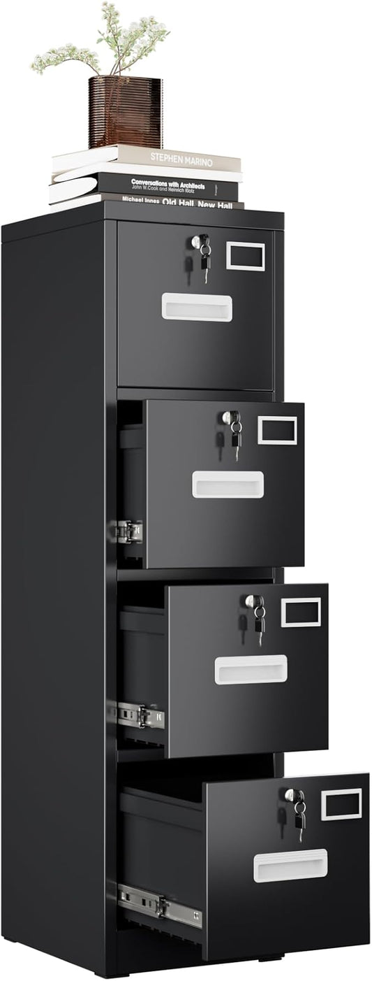 4 Drawer Metal Vertical File Cabinet with 4 Independent Locks, Home Office File Cabinet with Card Holder for Letter/Legal/A4 Folders, Black Filing Cabinet, Assembly Required, 4 Drawers-DeskLoop Office