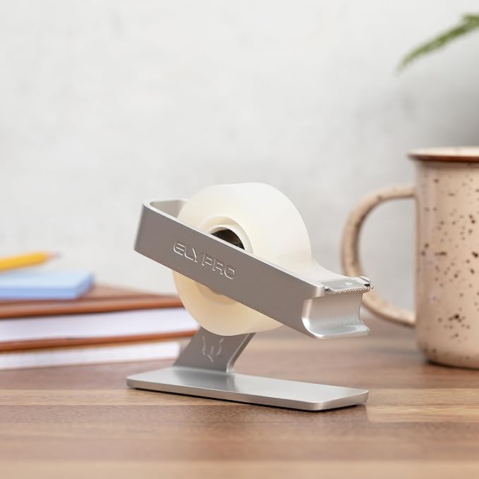 ELYPRO Modern Tape Dispenser for Office Desk - Elegant and Minimalist Design, Heavy Metal Made, Space-Saving, Perfect for Office & Home Use or as a Stylish Gift - Bonus Tape Roll Included (Silver)-DeskLoop Office