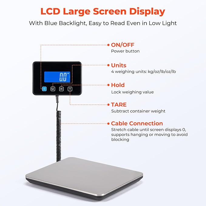 MUNBYN Shipping Scale, 440lb/1.8oz Digital Postal Scale for Packages with Hold/Tare Function, Backlit LCD, Battery & Cable Included, Postage Scale for Small Business, Packages, Luggage, and Home Use-DeskLoop Office