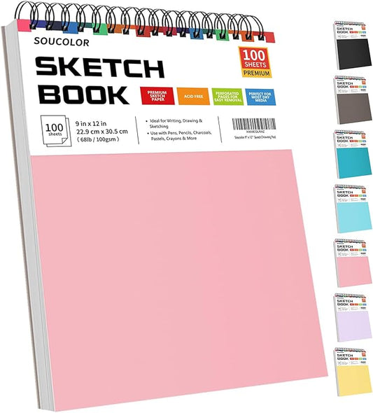 Soucolor Cute Sketchbook 9" x 12" for Women, 1-Pack 100 Sheets Spiral Notebook Drawing Pad for Girls, Pastel Girls' School Art Supplies for Beginner Artists, Arts and Crafts Gifts Set for Kids Adults-DeskLoop Office