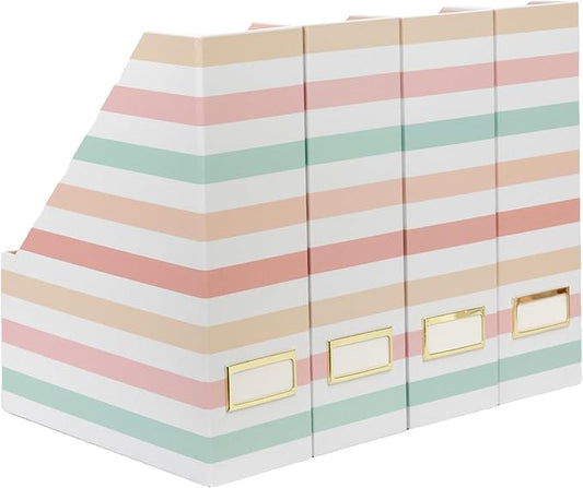 BLU MONACO Set of 4 Foldable Magazine Holders in Pastel Stripes – Sturdy Cardboard Vertical Organizers with Label Holders – Office File Storage Box, Desk Organizer, Paperwork and Document Holder-DeskLoop Office