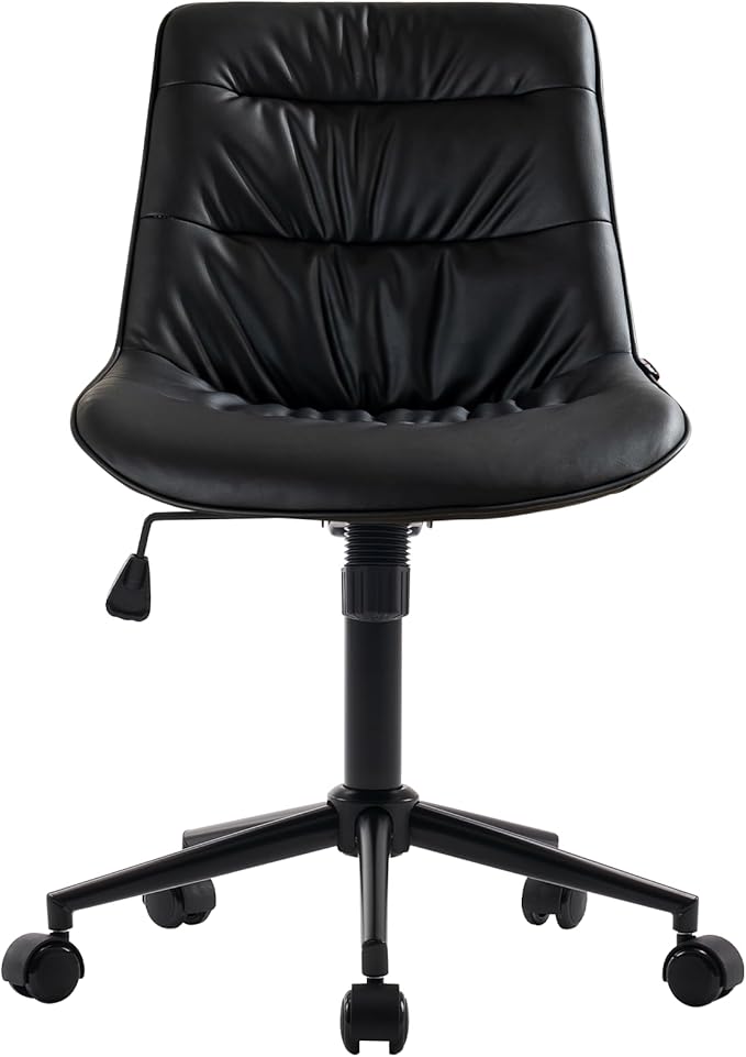 Kidol & Shellder Faux Leather Office Chair, Adjustable Swivel Height Task Chair, Rolling Wheels & Soft Backrest - Armless Ergonomic Desk Chair for Home, Office,Vanity,Gaming(Black)-DeskLoop Office