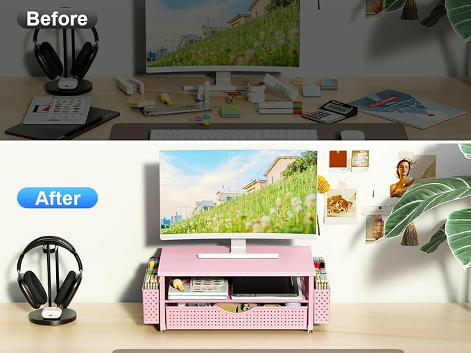 Desk Organizer and Accessories, Computer Monitor Stand Riser with Drawer and 2 Pen Holders, Office Desk Accessories & Workspace Organizers for Office Supplies (Pink)-DeskLoop Office
