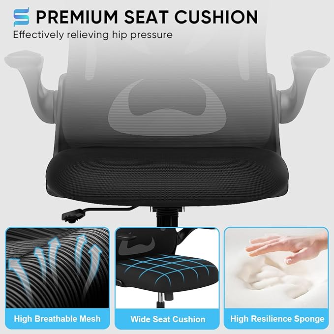 Sytas Ergonomic Desk Chair with Padded Flip up Arms and Supportive Lumbar Support, Breathable Mesh Home Office Chair with Comfortable Cushion for Home or Office(Black)-DeskLoop Office