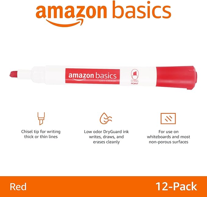Amazon Basics Dry Erase Markers For Whiteboards, Chisel Tip, Low-Odor, Red, Pack of 12-DeskLoop Office