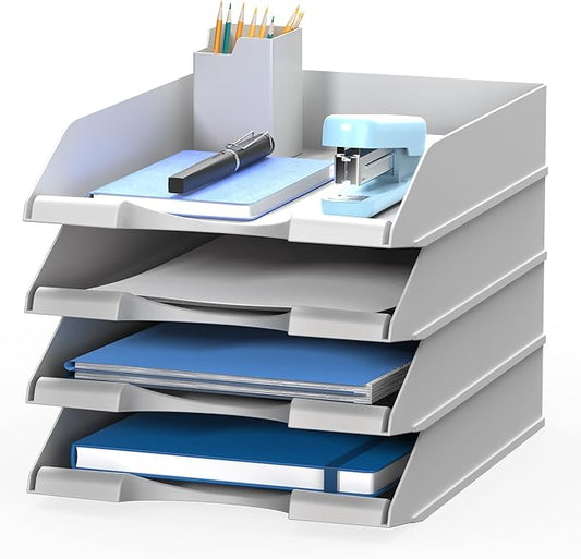 4 Pack Stackable Paper Trays for Letter Documents, Desktop File Organizers for Office Supplies, Stackable Desk Tray Holder for Paper Storage, Gray-DeskLoop Office