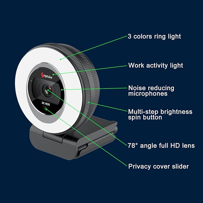 Angetube Webcam, 2K Streaming Webcam with Ring Light, HDR Laptop Camera with Remote, Dual Stereo Microphone and Privacy Cover, Auto Focus 5X Zoom in, Computer Camera for Zoom/Skype/Teams/Webex-DeskLoop Office
