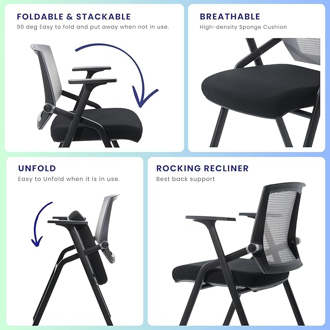 10 Pack Foldable Office Chair with PU Wheels and Sliding Armrest-Ergonomic Mesh Bouncing Back, Stackable Conference Room Chair, Office Guest & Reception & Meeting Chair (Black)-DeskLoop Office