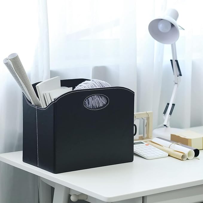 EZDeco Magazine Holder Foldable Magazine Rack Floor PU Leather File Holder Newspaper Book Storage Basket Document File Folder Organizer for Office Home (Black-2)-DeskLoop Office