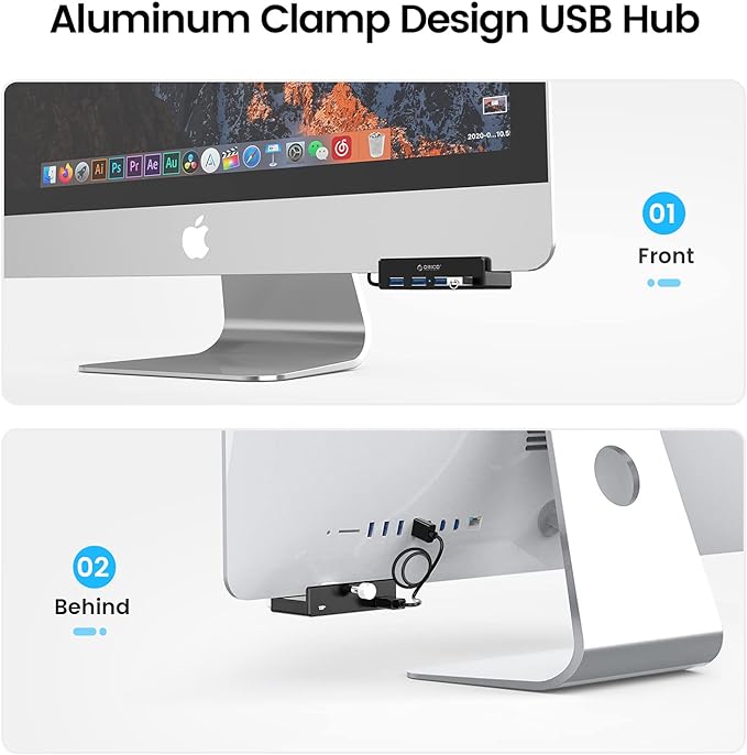 ORICO USB 3.0 Hub, USB Hub Clamp, Aluminum 4-Port USB Splitter with Extra Power Supply Port and 4.92 FT USB Data Cable, Desktop Powered USB Hub for Monitors/Desks-Black (Without Power Adapter)-DeskLoop Office