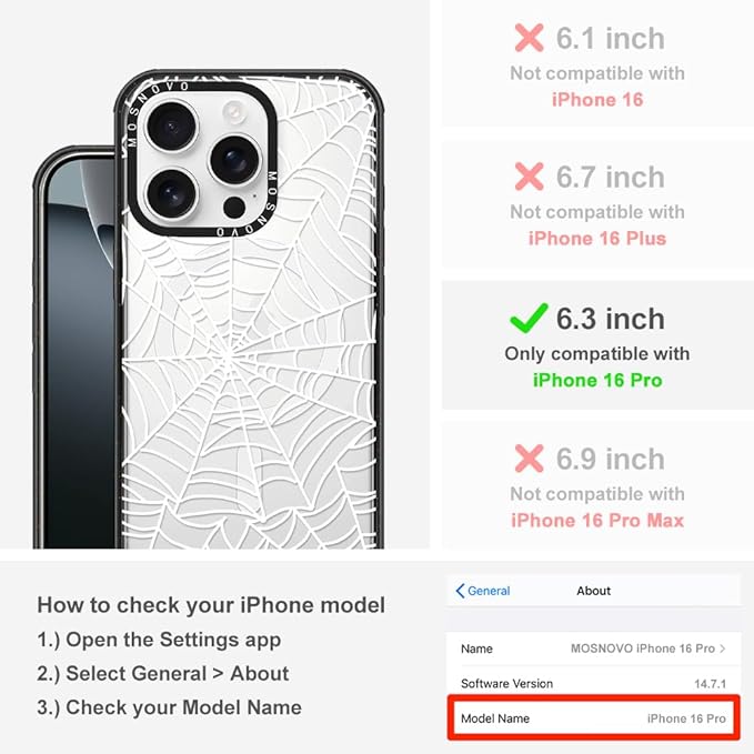 MOSNOVO Magnetic Case for iPhone 16 Pro, 10ft Military-Grade Protection, Compatible with Magsafe, Shockproof Phone Case for iPhone 16 Pro - Spider Web - Clear Black-DeskLoop Office