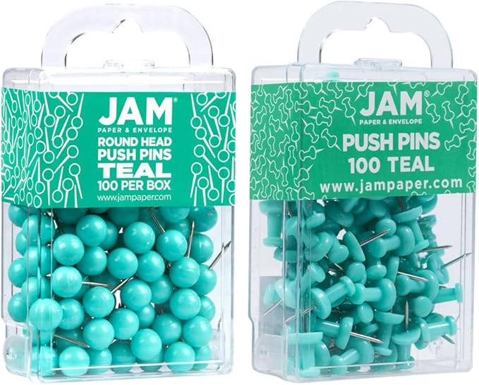 JAM PAPER Colorful Push Pins - Flat & Round Head Thumb Tack Combo Set - Teal Pushpins - 200/Pack-DeskLoop Office
