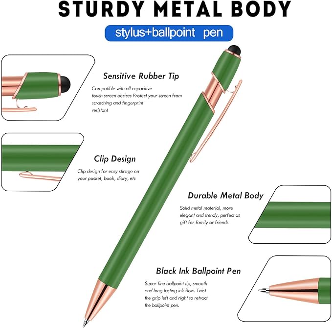 12 PCS 2 in 1 Stylus Ballpoint Pen with Stylus Tip, 1.0 mm Black Ink Metal Pen Stylus Pen for Touch Screens (Light Green)-DeskLoop Office