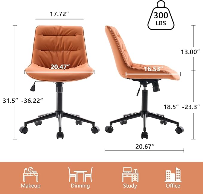 Kidol & Shellder Faux Leather Office Chair, Adjustable Swivel Height Task Chair, Rolling Wheels & Soft Backrest - Armless Ergonomic Desk Chair for Home, Office,Vanity,Gaming(Orange)-DeskLoop Office