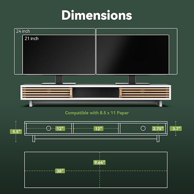 Dual Monitor Stand Riser with Sliding Door, Double Computer Laptop Stand Desk Shelf Organizer with Storage (White + Natural Bamboo, 38 Inch)-DeskLoop Office