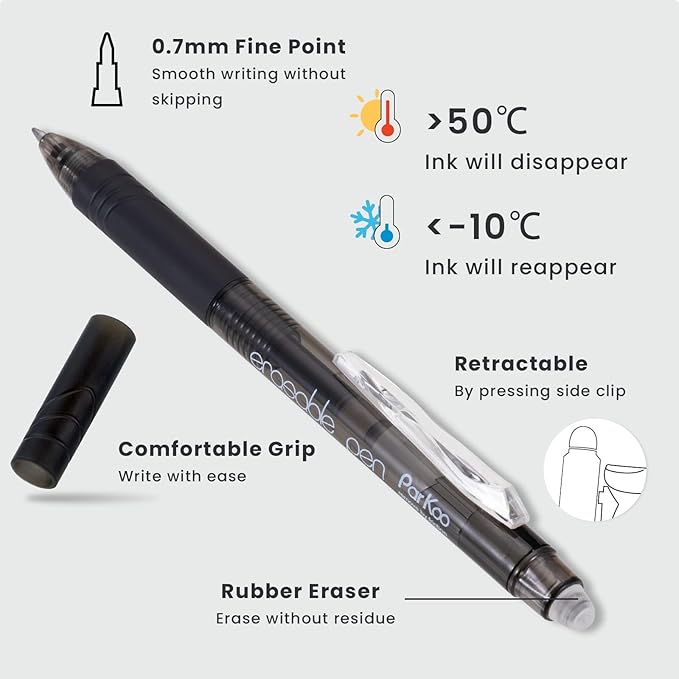 ParKoo 20 Pack Retractable Erasable Gel Pens Clicker, Fine Point 0.7 mm, Make Mistakes Disappear, Black Pens for Writing, Journaling and Crossword Puzzles-DeskLoop Office