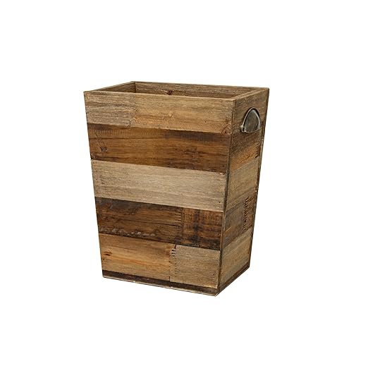 Small Wood Trash Can, Farmhouse Rectangular Garbage Can Waste Basket, Rustic Distressed Reclaimed Wood Wastebasket, Vintage Wooden Trash Recycling Bin Storage Basket with Metal Handles (Natural)-DeskLoop Office