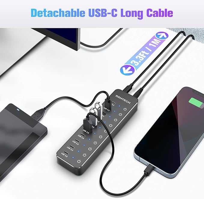 RSHTECH 10 Ports Powered USB 3.2/USB C Hub Splitter 60W with 3 x 10Gbps USB 3.2 Ports (2C + 1A),7 x USB 3.0 Ports (4C +3A), 3.3ft Cable and Individual Touch Switches for Laptop PC-DeskLoop Office