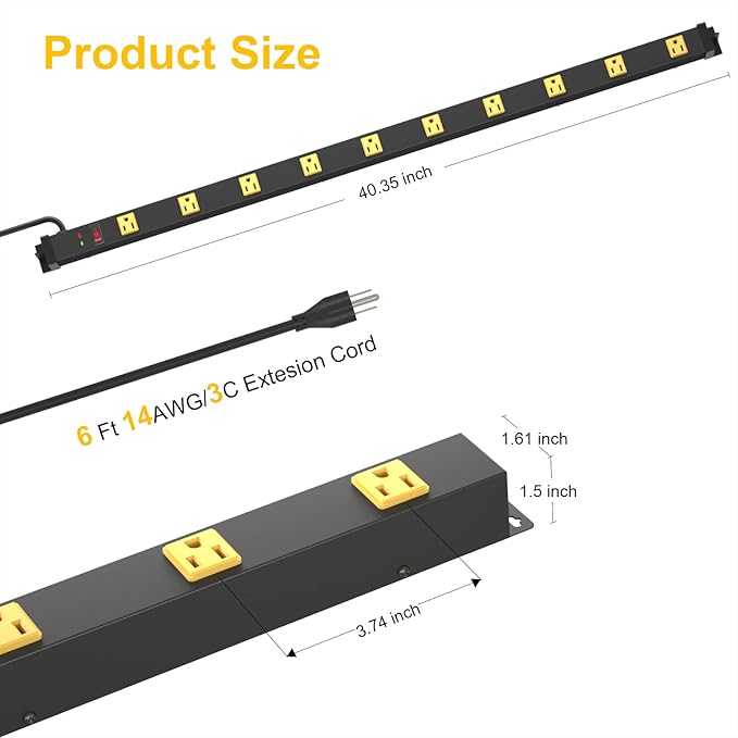 10 Outlet Surge Protector, Long Metal Wide Spaced Garage Industrial Power Strip, Heavy Duty with 6 FT Cord, 15A, 125V, 1875W, 2700 Joules, 2Pack, SGS Listed-DeskLoop Office