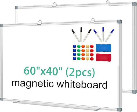 H-Qprobd Whiteboard Dry Erase White Board for Wall 60x40 (2pcs) Magnetic Boards for Office Classroom & Home, Large Wall White Board Including 6 Markers, 20 Magnets, 2 Erasers-DeskLoop Office