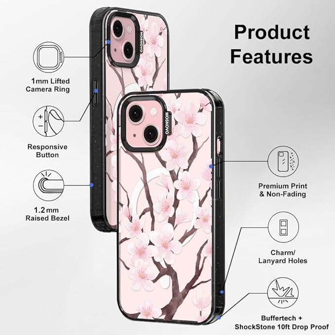 MOSNOVO Magnetic Case for iPhone 15, 10ft Military-Grade Protection, Compatible with Magsafe, Shockproof Phone Case for iPhone 15 - Cherry Blossom - Clear Black-DeskLoop Office