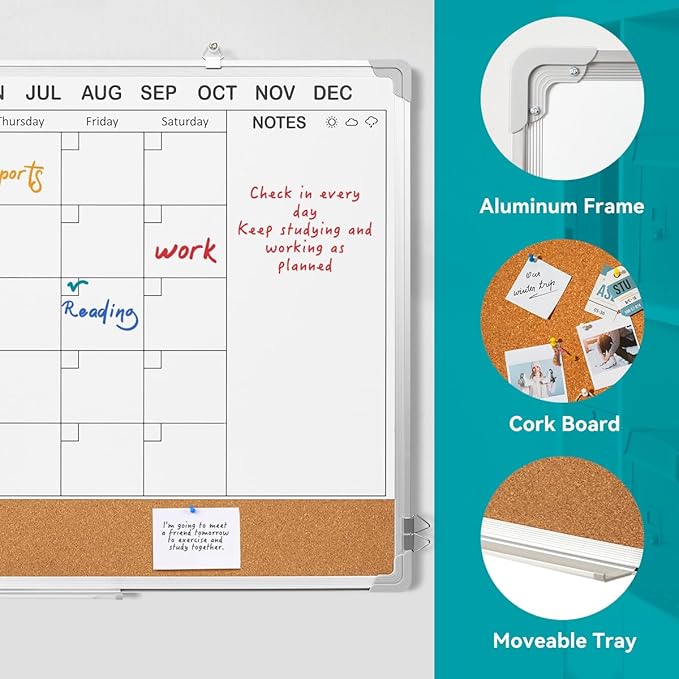Calendar Whiteboard for Wall,24" x 18" White Board Calendar Dry Erase with Silver Aluminum Frame,Double Side Wall Hanging Board for Office,Home,Kitchen-DeskLoop Office