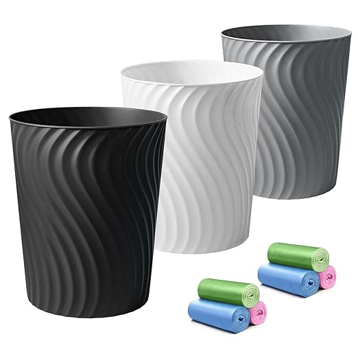 YGJT Small Trash Can, 3 Pack 1.8 Gallons Bathroom Trash Can Waste Basket, Round Garbage Can, Plastic Trash Bin for Kitchen, Dorm, Bedroom, Office, Living Room, Study, Compact Spaces(White Black Grey)-DeskLoop Office