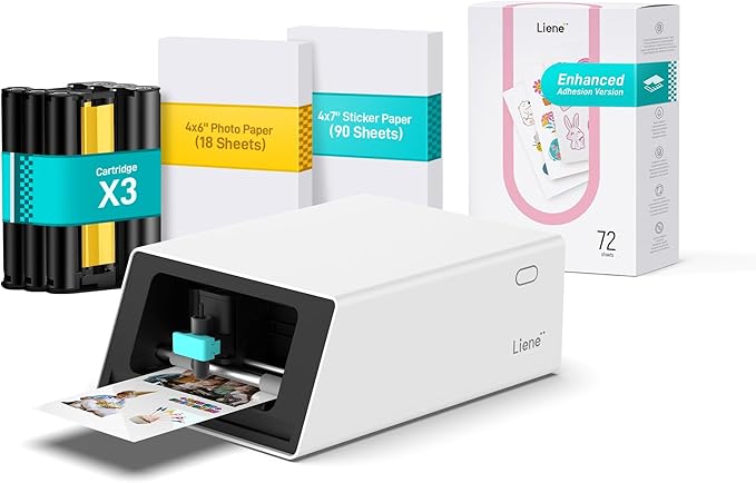 Liene PixCut S1 Photo Sticker Printer Creator Plus Pack - All-in-One Sticker Maker Machine for DIY Crafts, Custom Labels & Gifts, Thermal Dye-Sublimation, 300 DPI Prints, Precise AI Auto-Cutting-DeskLoop Office