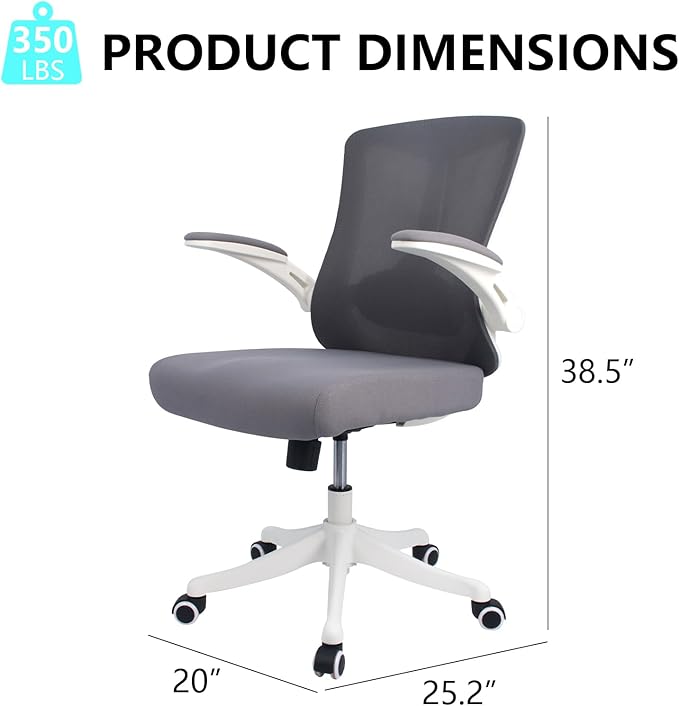 Ergonomic Comfort Home Desk Office Chair, Mid Back Computer Gaming Chair with Wheels, Adjustable Height, Lumbar Support, Flip-up Armrest with 350LBS Capacity (White Grey)-DeskLoop Office