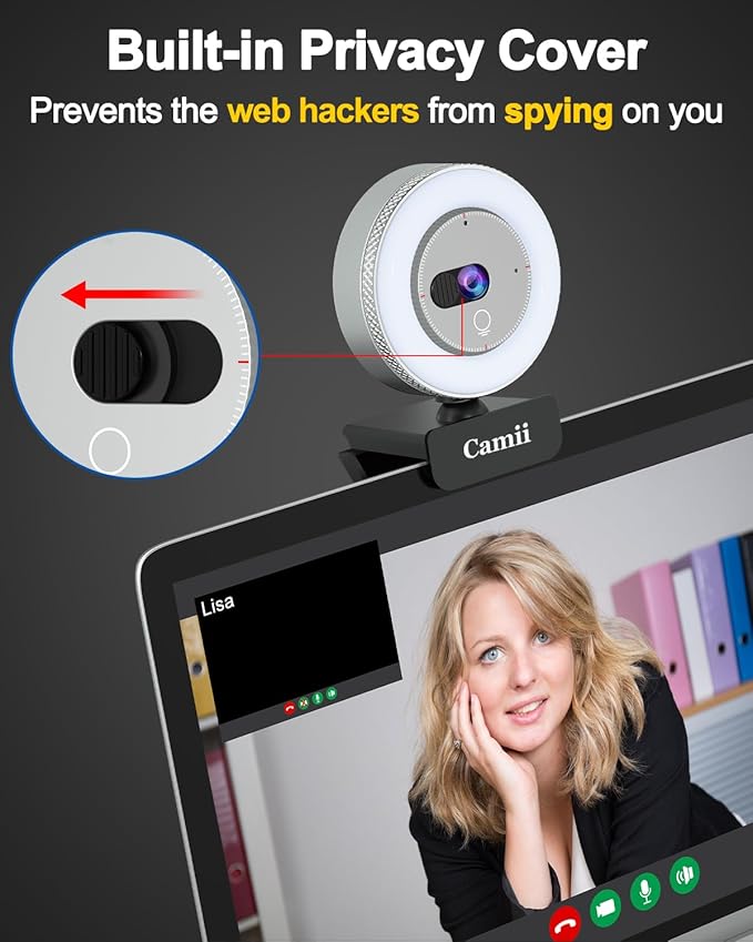 2K Webcam with Light, HD Webcam for PC with Built-in Privacy Cover, Adjustable Brightness, Noise Reduction Mics, for Zoom Skype Teams Laptop and Google Meet-DeskLoop Office