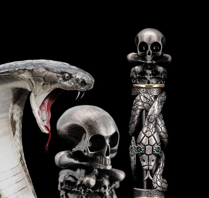 Jinhao Black Snake Fountain Pen Medium Nib Retro Style with Skull Head Solid Metal and Paper Pen Case Set-DeskLoop Office