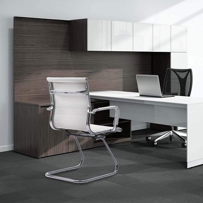 Reception Chairs Leather Conference Chairs No Wheels Back Support Heavy Duty Office Guest Chair, Set of 2 (White)-DeskLoop Office