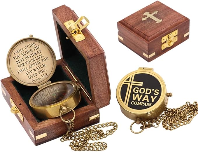 God's Way Solid Brass Engraved Compass - Psalm 32:8, Directional, Baptism & First Communion Gifts for Boys & Girls, Christian Gifts for Men & Boys-DeskLoop Office