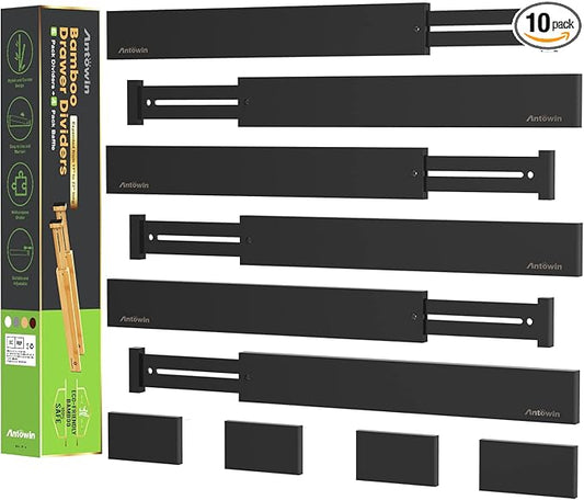 ANTOWIN 10pack Bamboo Drawer Dividers, Expandable Drawer Separators Splitter, 17-22 inches Adjustable Spring-loaded Organizer for Large Utensil, Clothes, Tools Drawers(Black)-DeskLoop Office