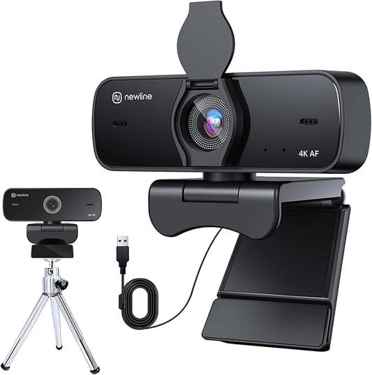 N newline 4K Webcam for PC, 4K UHD USB Webcam with Microphone, Auto Focus, Low Distortion, Privacy Cover, PC Camera w/Tripod Stand for Zoom, Skype, Teams, Laptop, Conferencing, Calling, NewEye 60-DeskLoop Office
