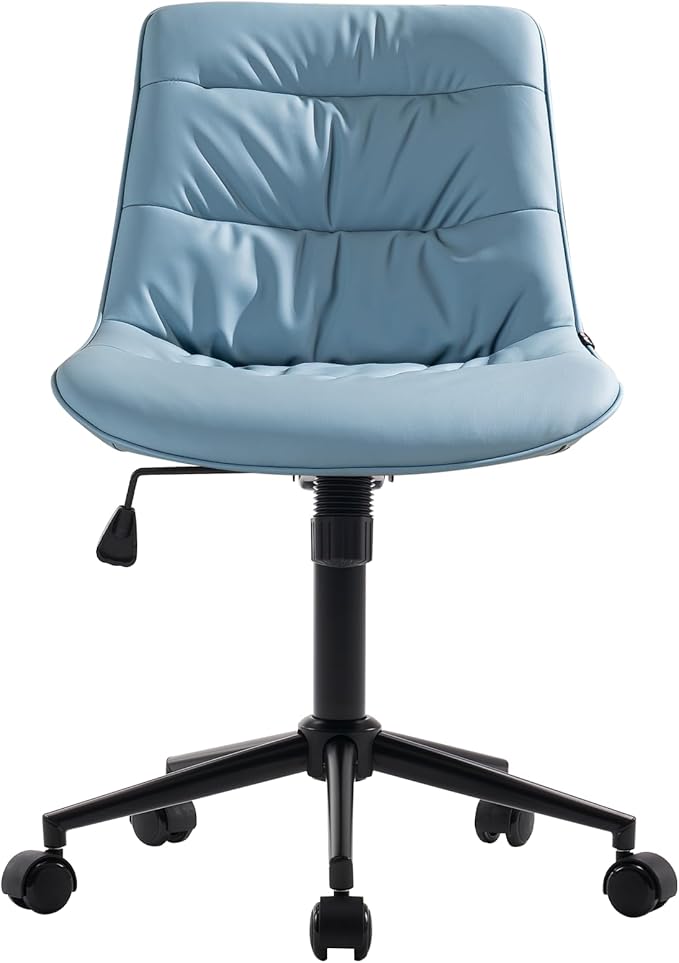 Kidol & Shellder Faux Leather Office Chair, Adjustable Swivel Height Task Chair, Rolling Wheels & Soft Backrest - Armless Ergonomic Desk Chair for Home, Office,Vanity,Gaming(Blue)-DeskLoop Office