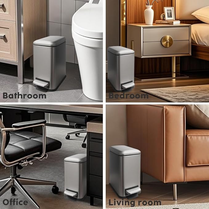 Bathroom Trash Can with Lid,5 Liter / 1.3 Gallon Small Trash Can with Removable Liner, Soft Close lid & Step Pedal, Stainless Steel Trash Bin for Bathroom,Bedroom,Home Office, Kohler Grey-DeskLoop Office