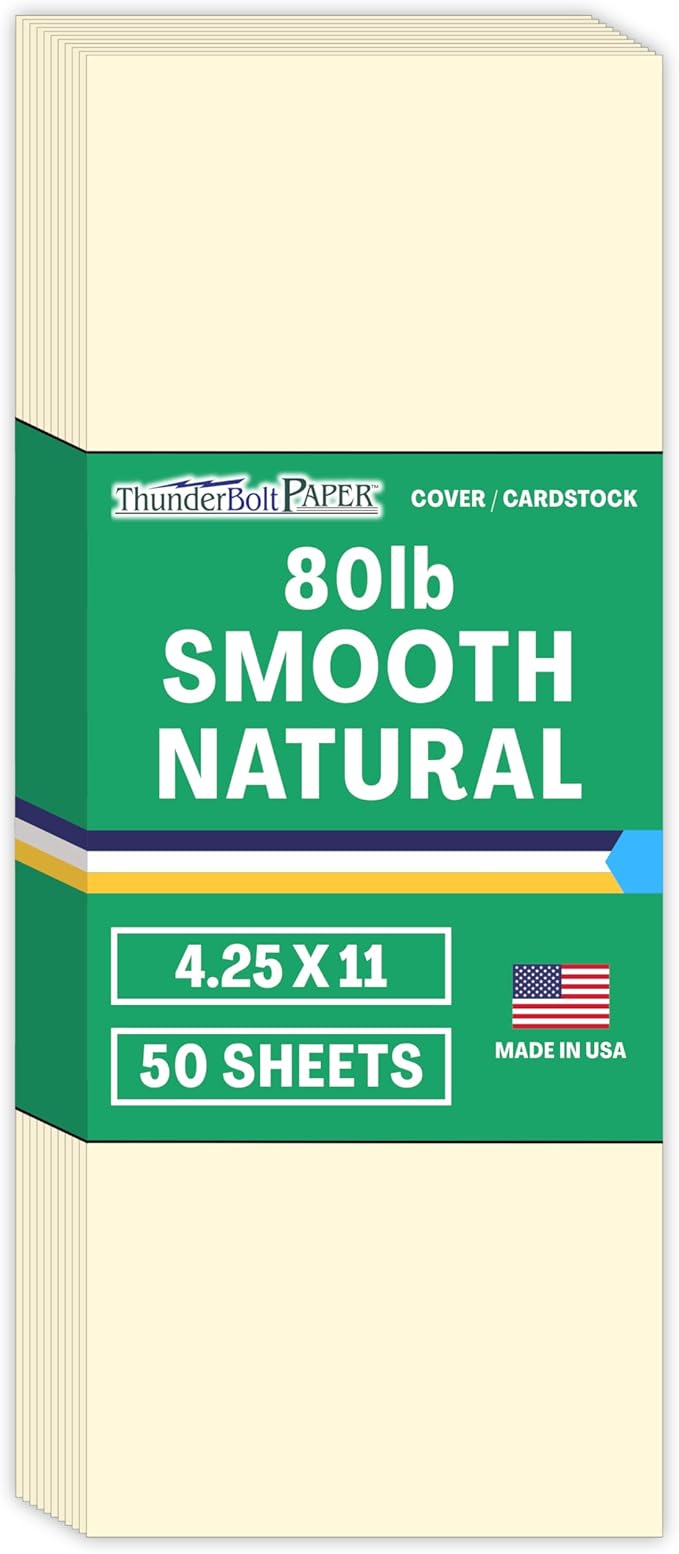 50 Natural Smooth Card Stock Sheets Paper - 4.25 X 11 Inches Half Letter Size Cut Long - 80# (80 lb/pound) Cover Weight - Quality Paper - Smooth Finish-DeskLoop Office