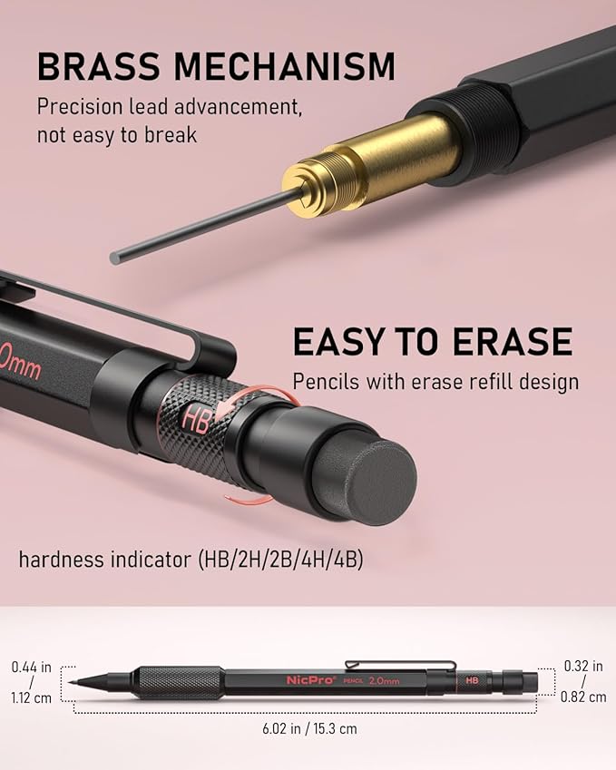 Nicpro 5 Pack 2mm Mechanical Pencils Set with Case, 65 Graphite Lead Refills (6B 4B 2B HB 2H 4H), 72 Colored Lead, Erasers -Weatherproof Metal Barrel, Heavy Duty Carpenter Pencil For Drawing Sketching-DeskLoop Office