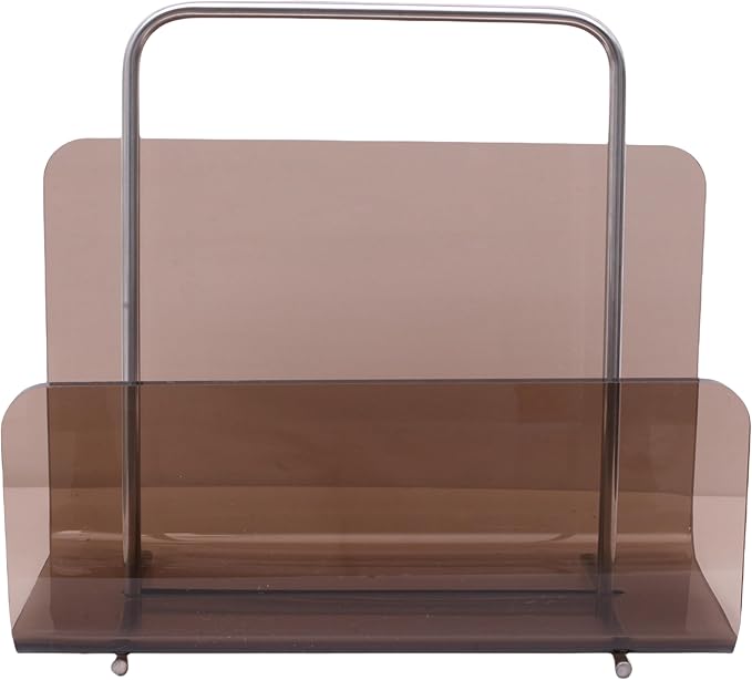 Magazine Holder, Brown Clear Acrylic with Stainless Steel Handle, Tabletop Display Stand-DeskLoop Office