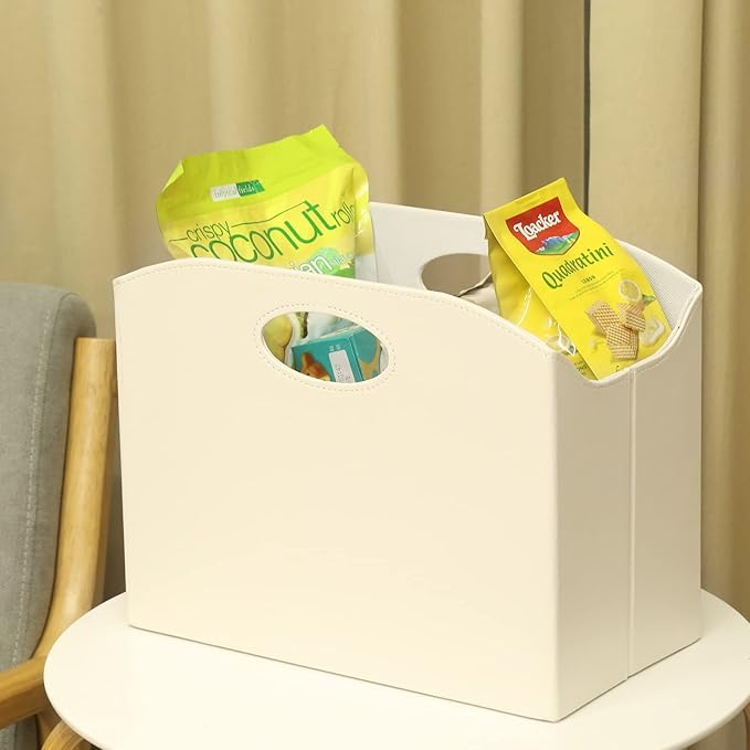 EZDeco Magazine Holder Foldable Magazine Rack Floor PU Leather File Holder Newspaper Book Storage Basket Document File Folder Organizer for Office Home (Off-white-1)-DeskLoop Office