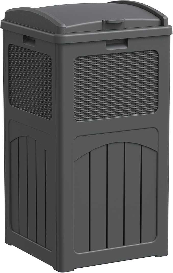 Greesum 33 Gallon Outdoor Trash Can with Lid, Waterproof Resin Garbage Bin for Hideaway, Deck, Patio, Gray-DeskLoop Office