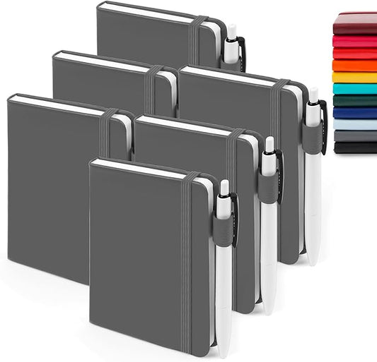 feela 6 Pack Pocket Mini Notebooks Bulk, Small Cute Memo Notepads Hardcover College Ruled Lined Journals with Pen Holder for School Business Work, with 6 Black Pens, 3.5”x 5.5”, A6, Gray-DeskLoop Office