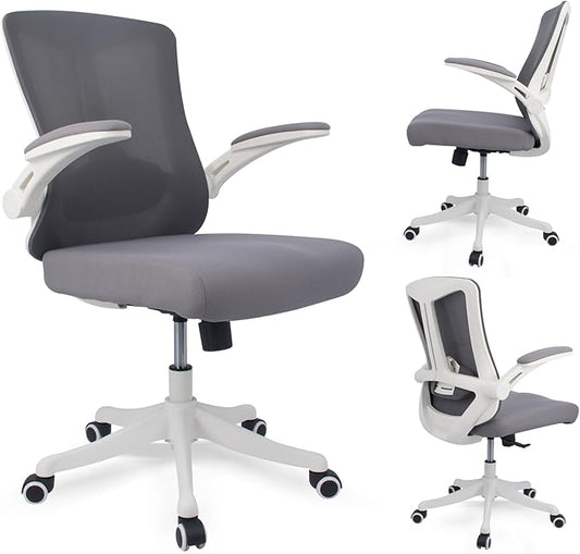Ergonomic Comfort Home Desk Office Chair, Mid Back Computer Gaming Chair with Wheels, Adjustable Height, Lumbar Support, Flip-up Armrest with 350LBS Capacity (White Grey)-DeskLoop Office